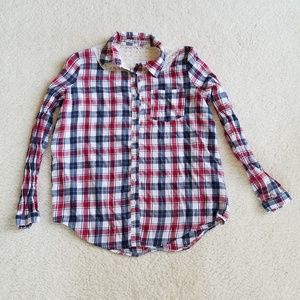 Red, white and blue plaid shirt, button down shirt